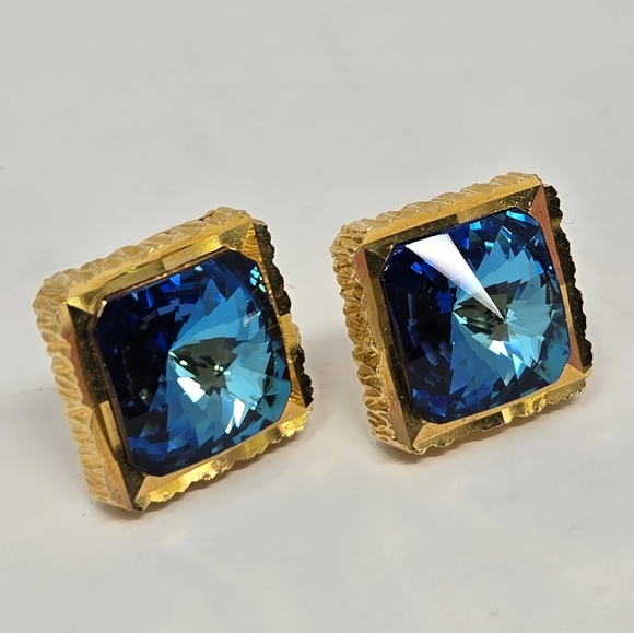 VINTAGE 1960S GOLD TONE BLUE RIVOLI CUFFLINKS MENSWEAR CLASSIC 1" SQUARE MCM - Picture 5 of 11